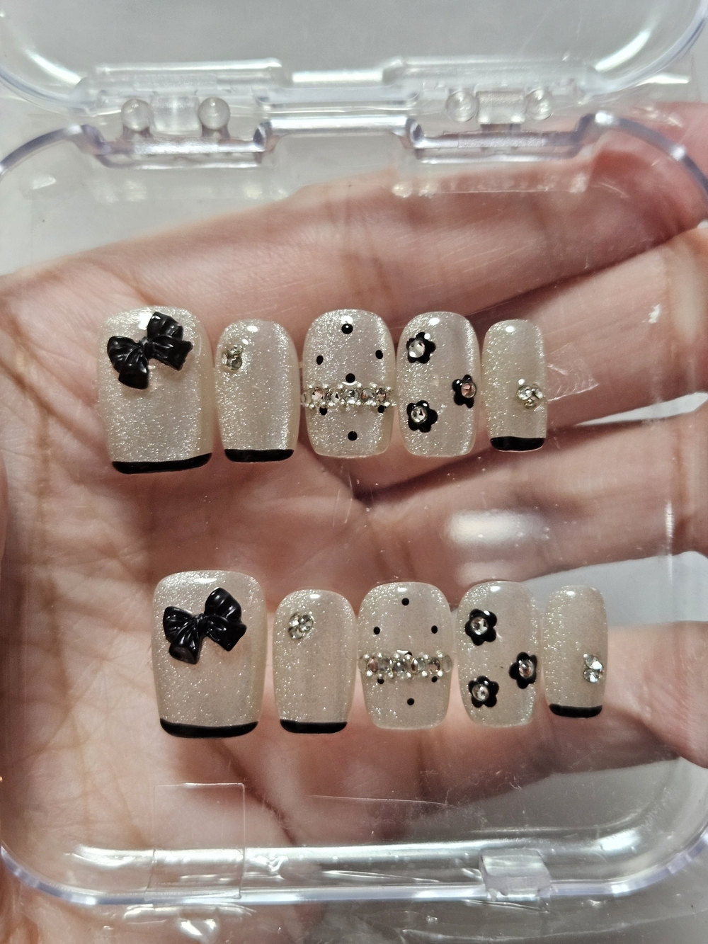 Sheer Glitter Nude Press-On Nails with Black Accents